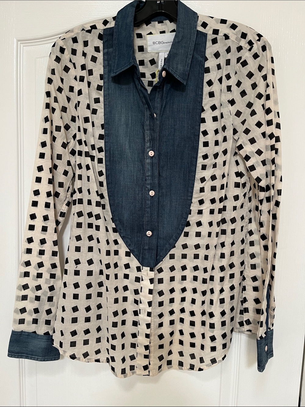 Bcbgeneration Black & Cream Mixed-Print Button Down Shirt with Denim Placket, M